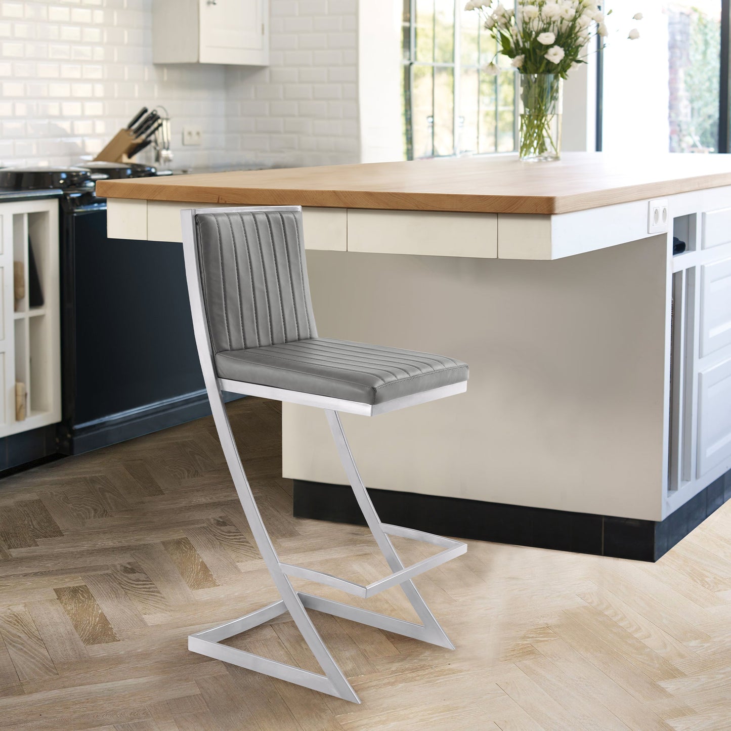 Marc 30" Vintage Faux Leather and Brushed Stainless Steel Bar Stool