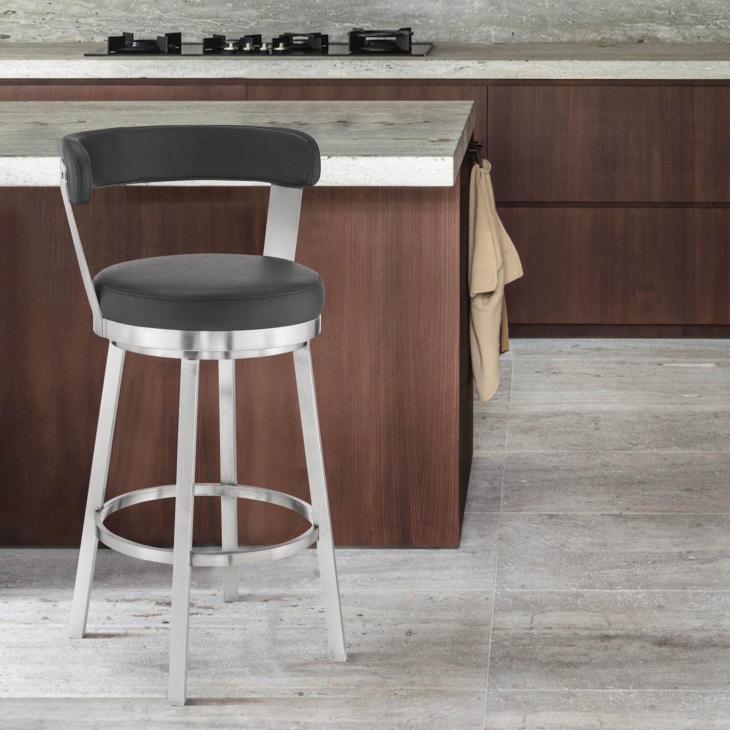 Bryant Bar Height and Counter Height Swivel Bar Stool in Brushed Stainless Steel and Black Finish
