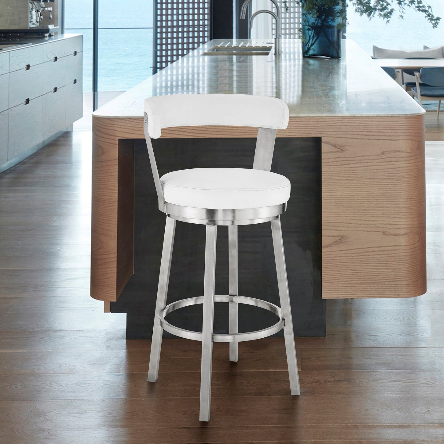 Kobe Swivel Bar Stool in Counter and Bar Height with Various Finishes and Faux Leather