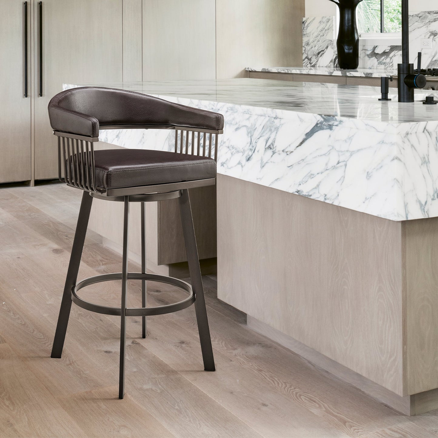 Chelsea Swivel Bar Stool in Faux Leather and Metal Finish