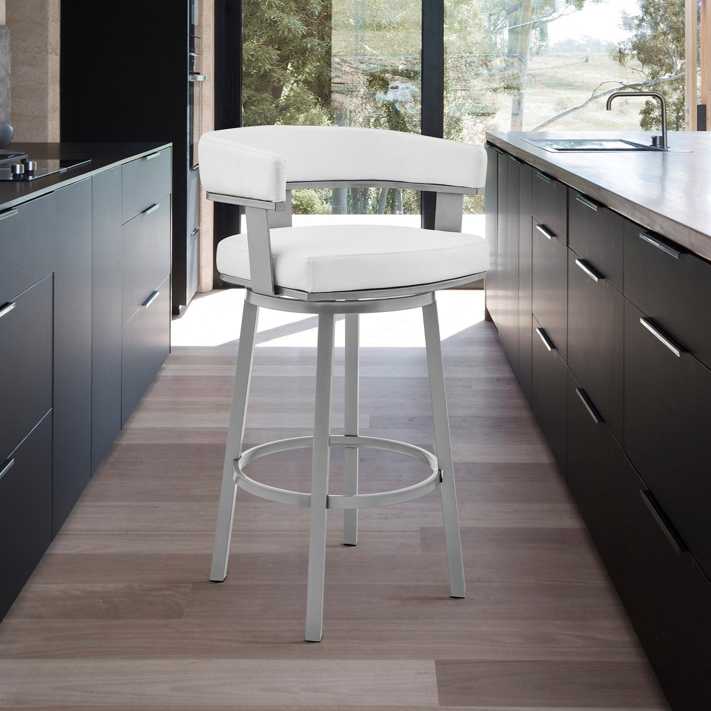 Cohen 30" and 26" Faux Leather and Brushed Stainless Steel Swivel Bar Stool Collection