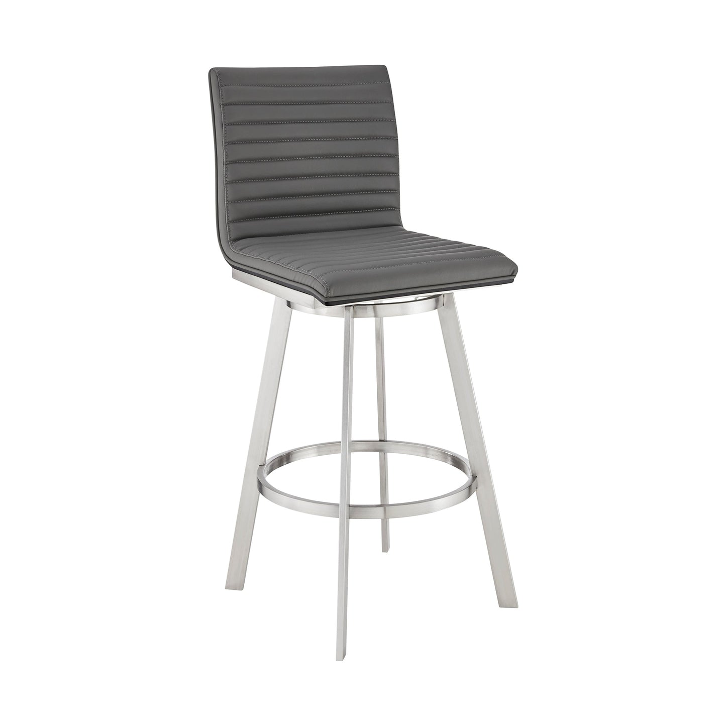 Jermaine 30" Bar Height Swivel Bar Stool in Brushed Stainless Steel and Gray Faux Leather