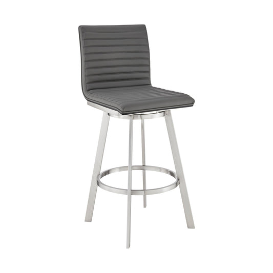 Jermaine 30" Bar Height Swivel Bar Stool in Brushed Stainless Steel and Gray Faux Leather
