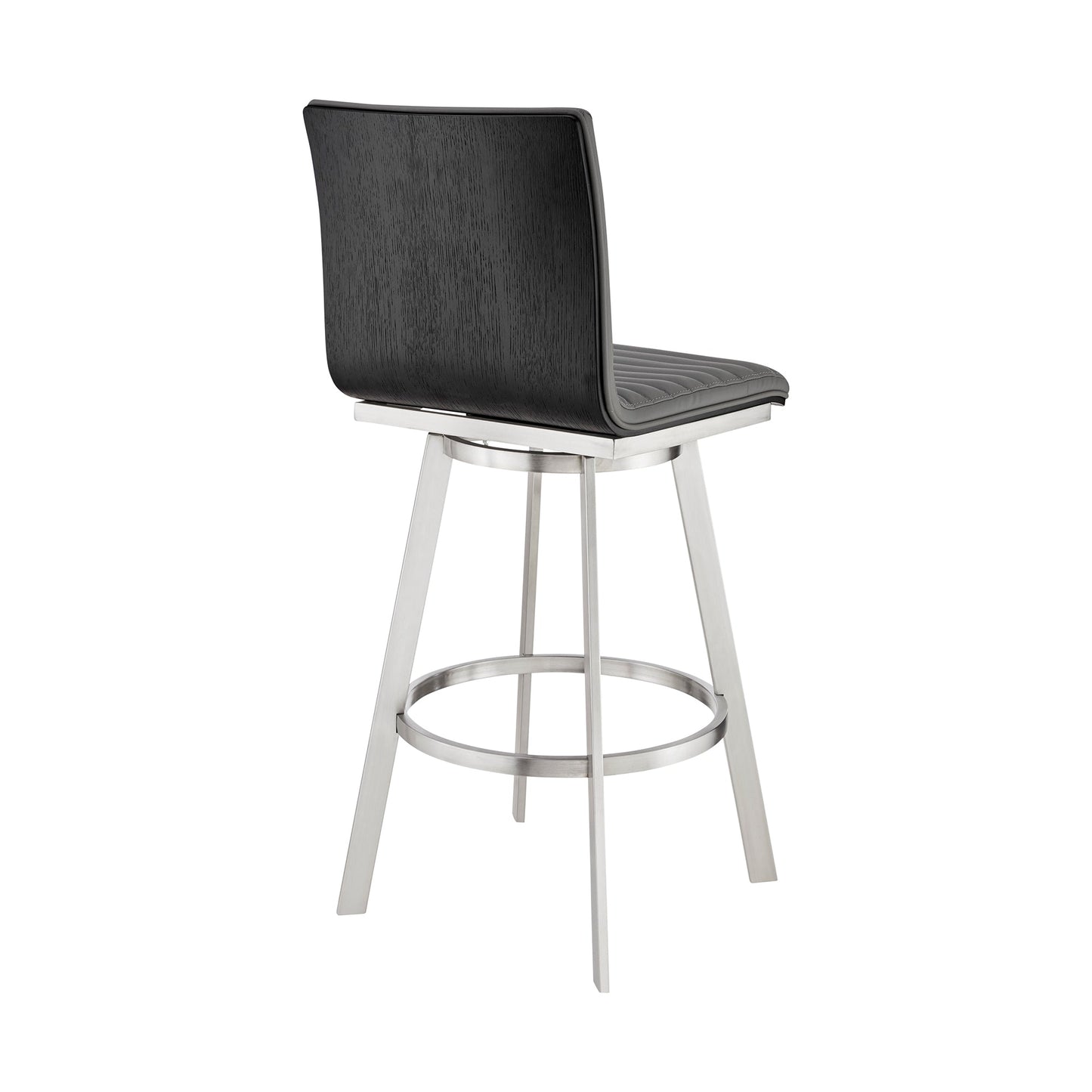 Jermaine 30" Bar Height Swivel Bar Stool in Brushed Stainless Steel and Gray Faux Leather