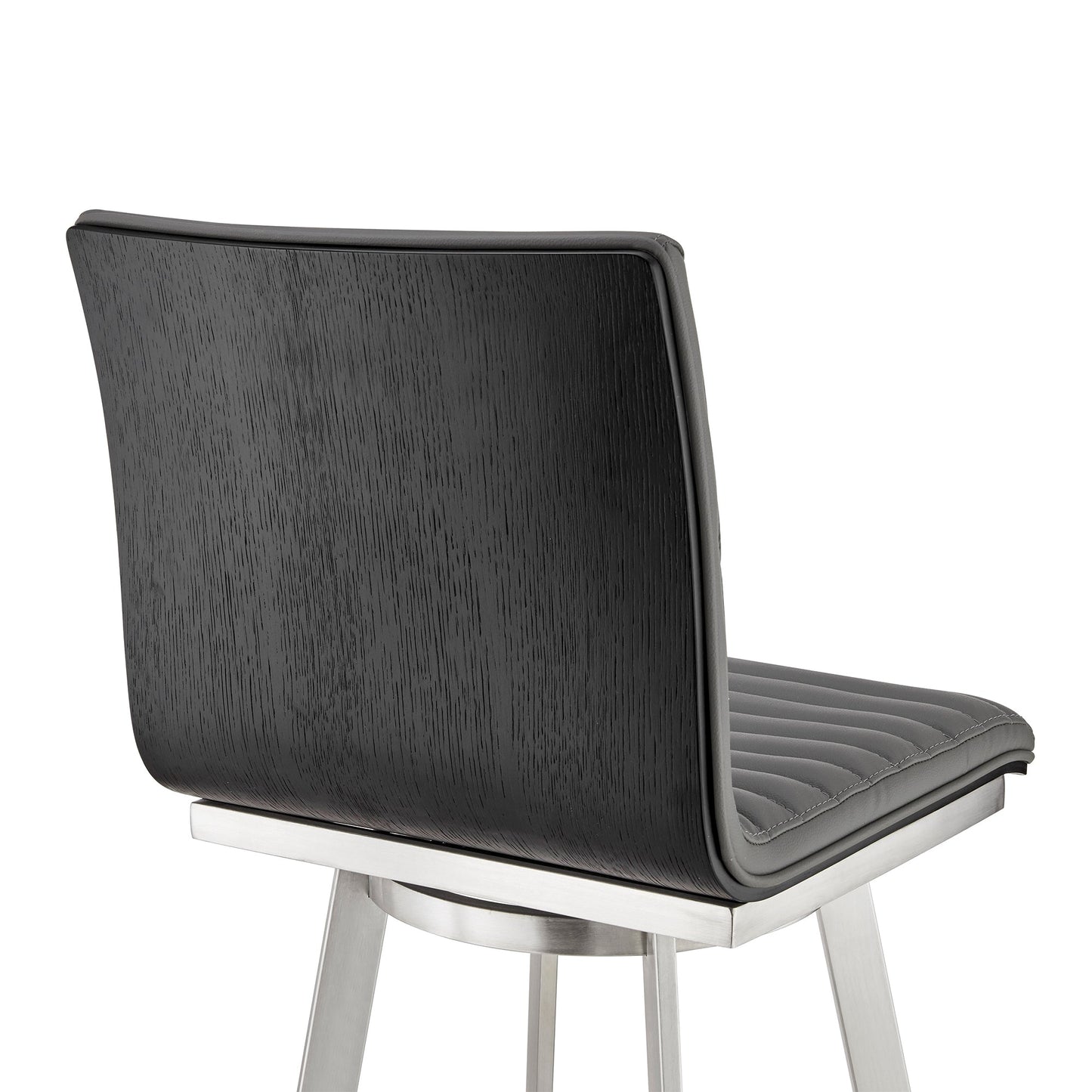 Jermaine 30" Bar Height Swivel Bar Stool in Brushed Stainless Steel and Gray Faux Leather