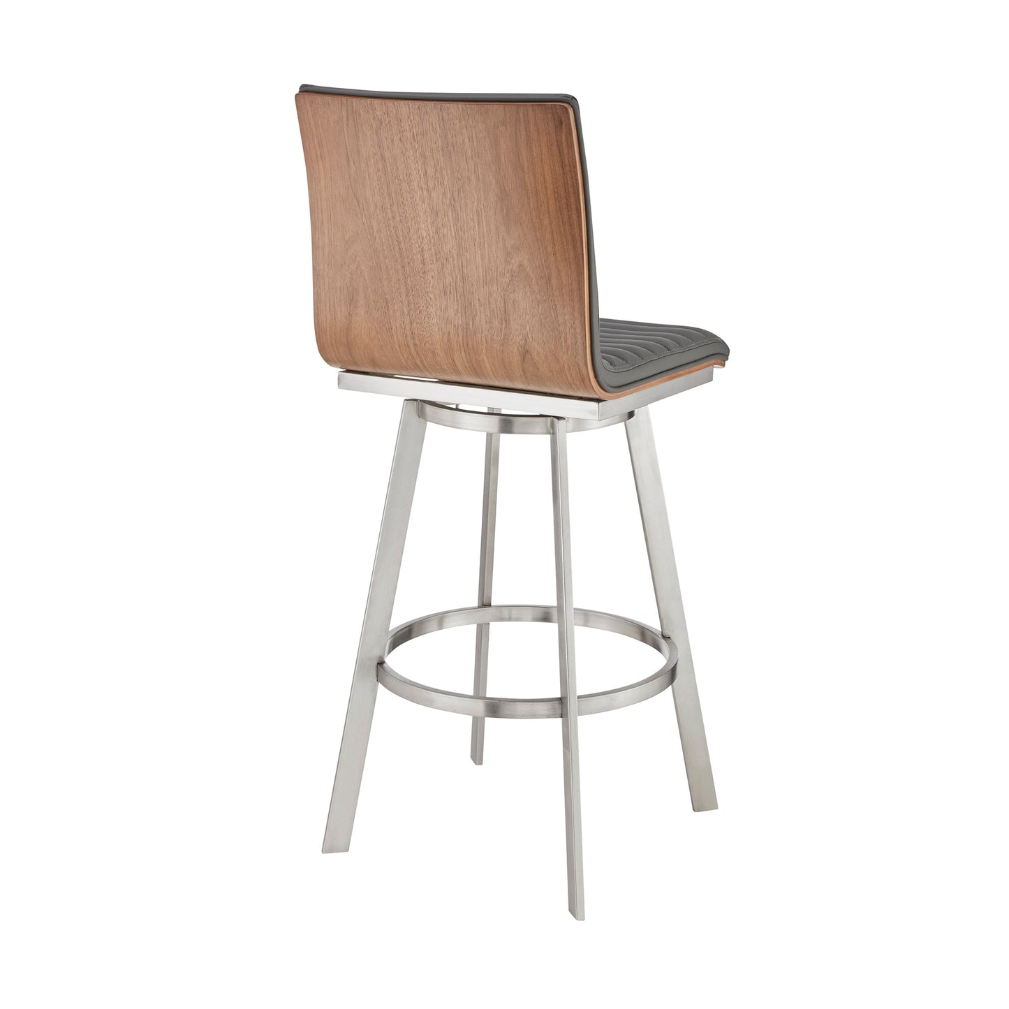 Jermaine 30" Bar Height Swivel Bar Stool in Brushed Stainless Steel and Gray Faux Leather