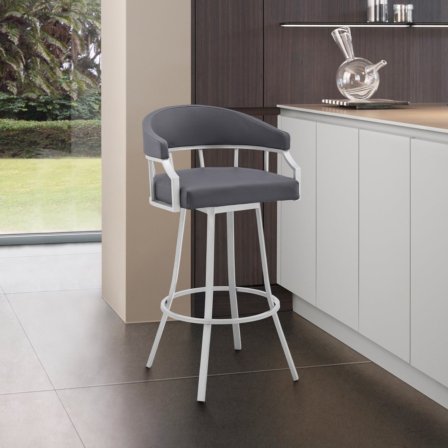 Palmdale Swivel Faux Leather Bar Stool in Various Heights and Metal Finishes