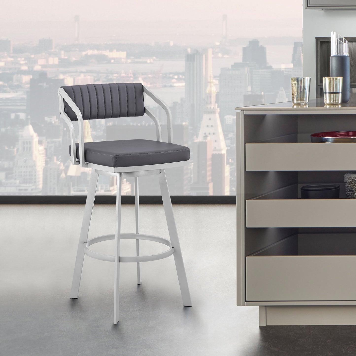 Scranton Swivel Faux Leather and Silver Metal Bar Stool