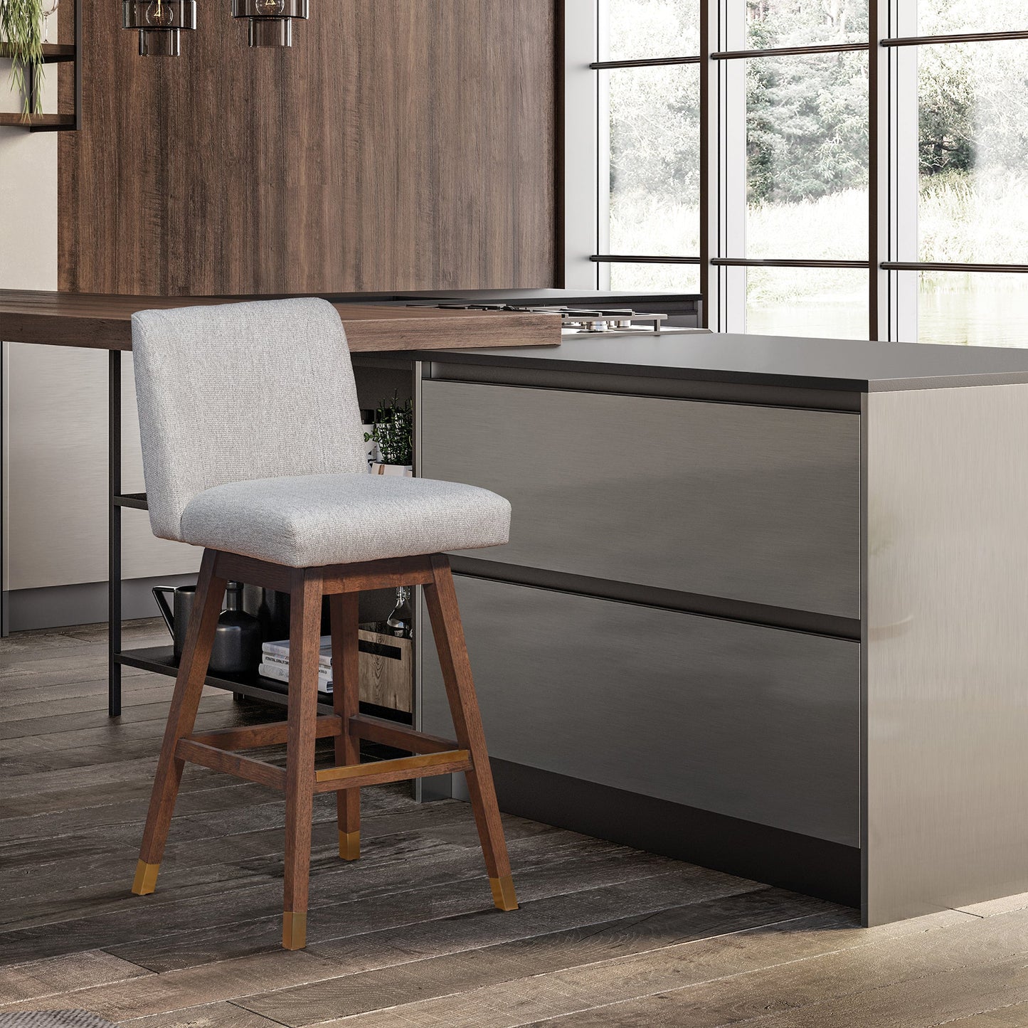 Basila Swivel Bar and Counter Stool in Oak Wood Finish with Fabric Upholstery