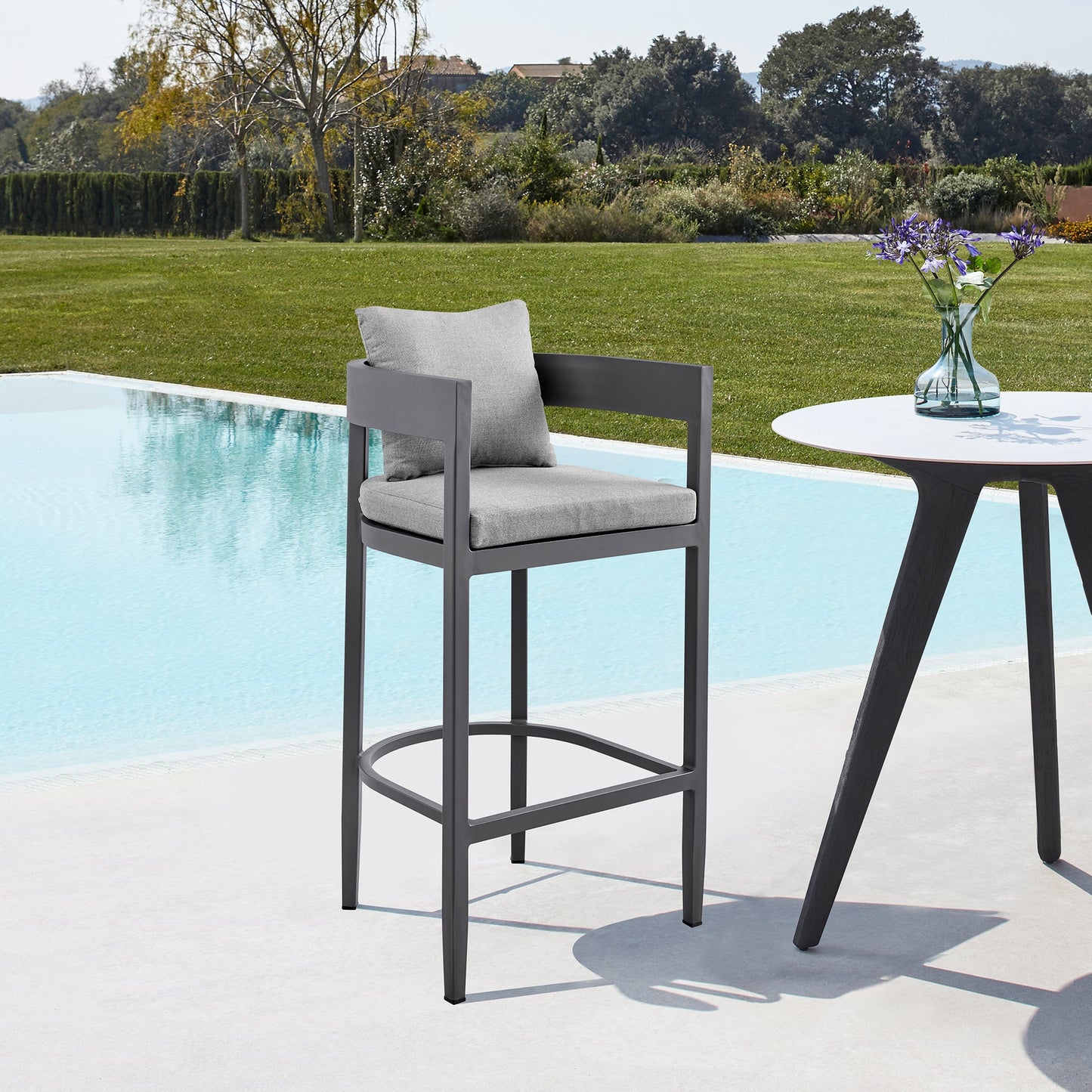 Argiope Outdoor Patio Bar Stool in Aluminum with Cushions
