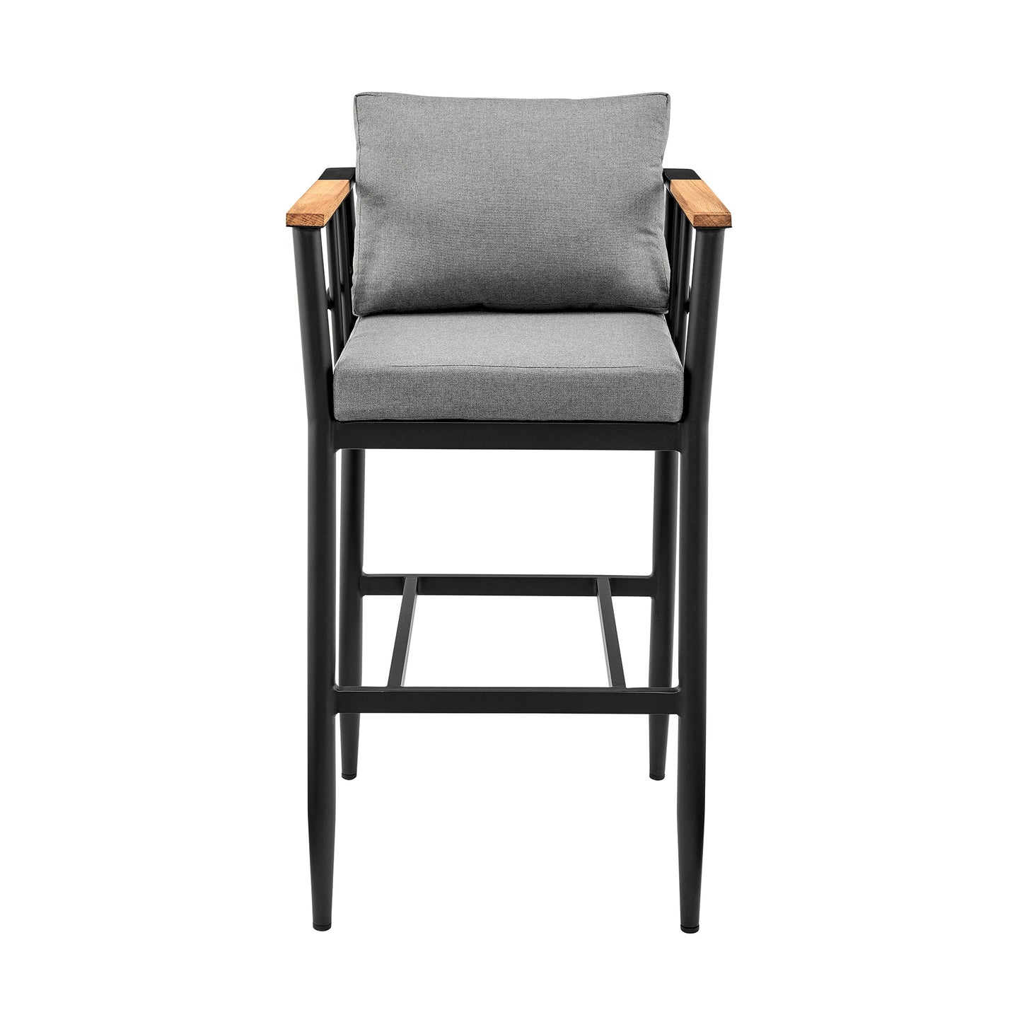 Wiglaf Outdoor Patio Bar Stool in Aluminum and Teak with Cushions