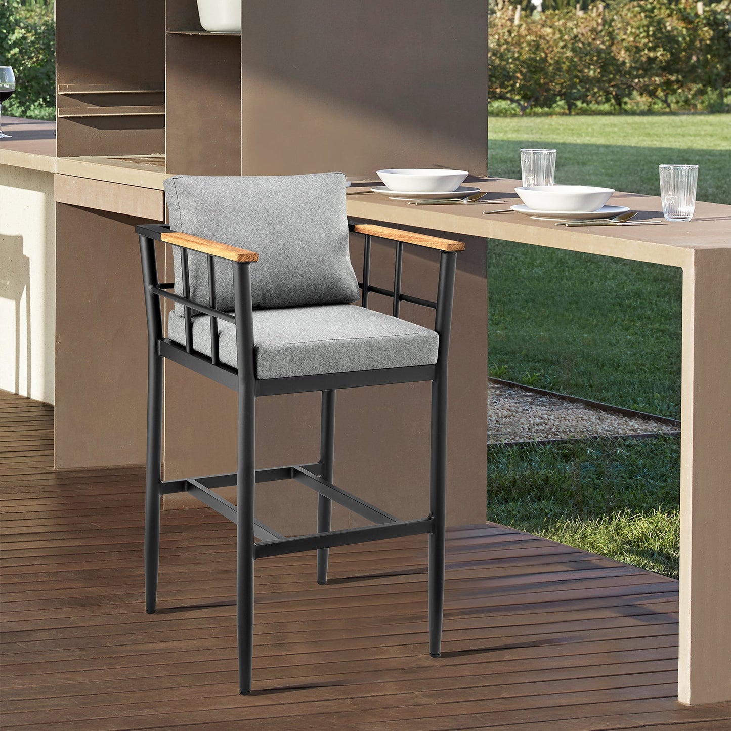 Wiglaf Outdoor Patio Bar Stool in Aluminum and Teak with Cushions
