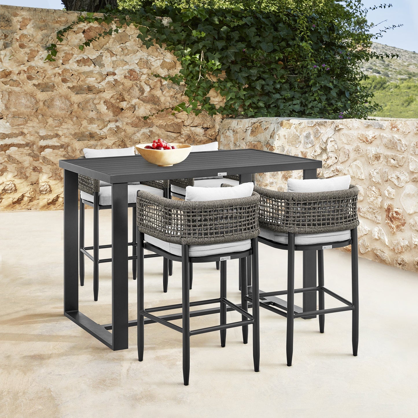 Felicia Outdoor Patio Bar Stool in Aluminum with Rope and Cushions