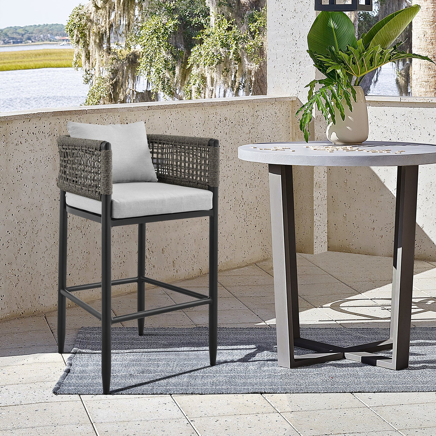 Felicia Outdoor Patio Bar Stool in Aluminum with Rope and Cushions