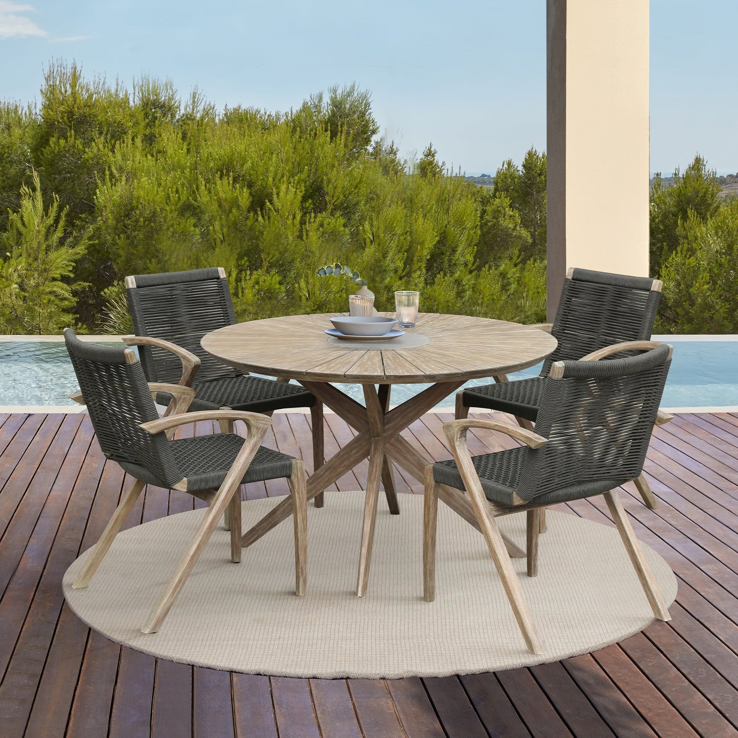Sachi Outdoor Light Eucalyptus Wood and Concrete Round Dining Table