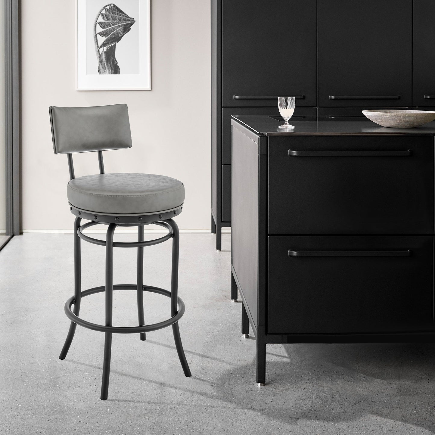 Rees Swivel Counter or Bar Stool in Finish with Faux Leather