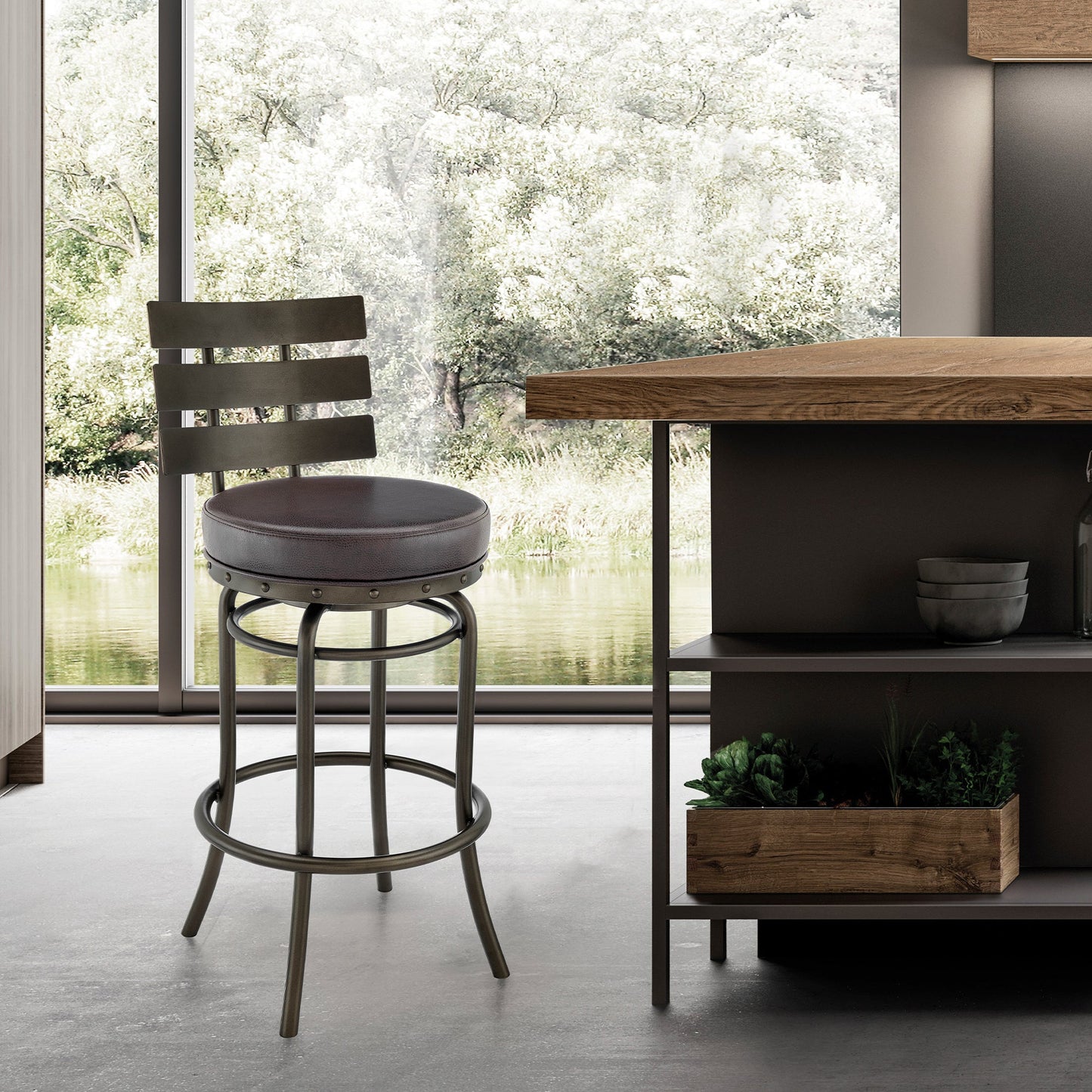 Natya Swivel Counter or Bar Stool in Various Finishes with Faux Leather