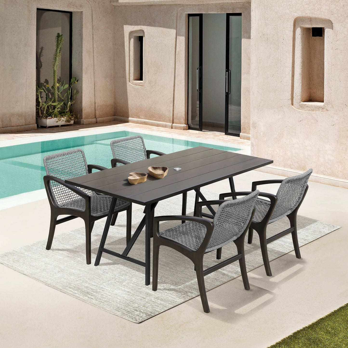 Koala and Brighton 5 Piece Outdoor Patio Dining Set in Dark Eucalyptus Wood and Gray Rope