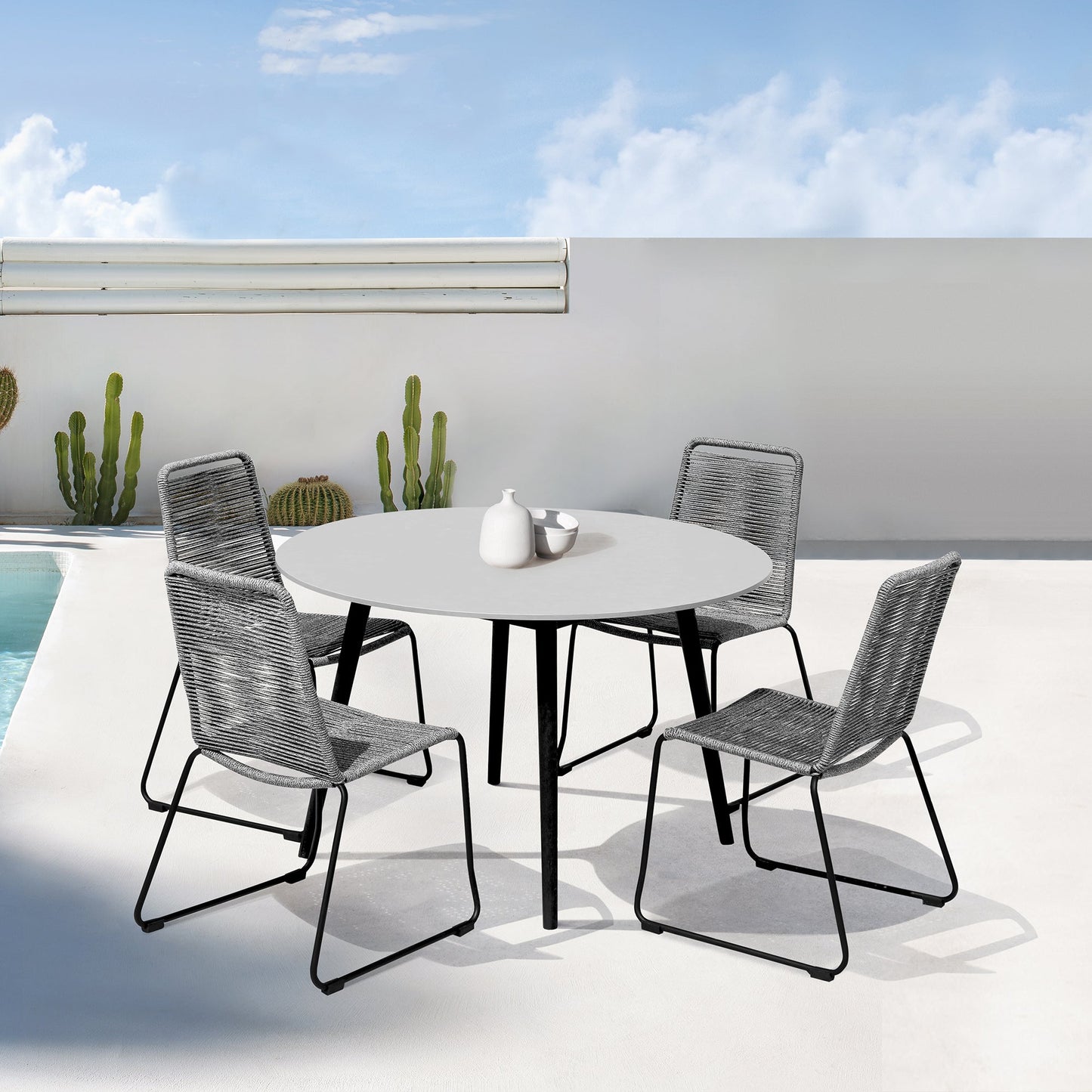 Sydney and Shasta 5 Piece Patio Outdoor Dining Set in Gray Rope with Black Eucalyptus Wood