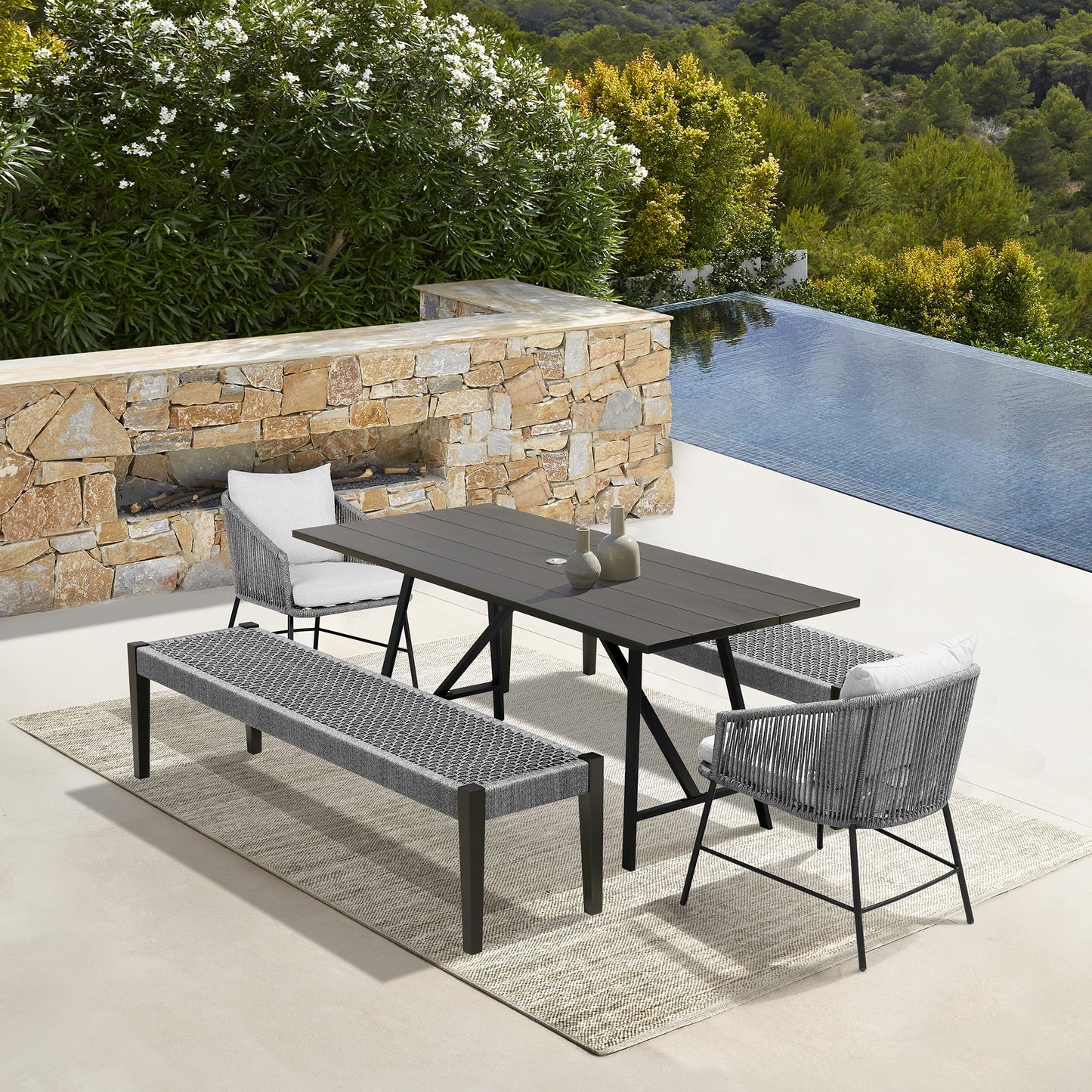 Koala Calica and Camino 5 Piece Outdoor Dining Set with Dark Eucalyptus Wood and Gray Rope and Cushions