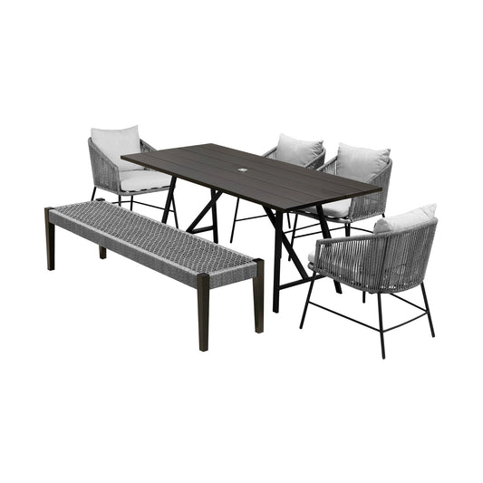 Koala Calica and Camino 6 Piece Outdoor Dining Set with Dark Eucalyptus Wood and Gray Rope and Cushions