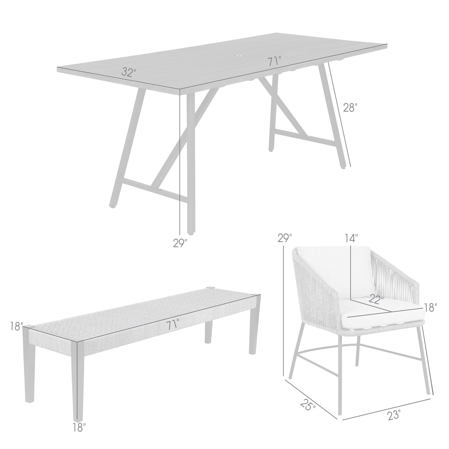Koala Calica and Camino 6 Piece Outdoor Dining Set with Dark Eucalyptus Wood and Gray Rope and Cushions