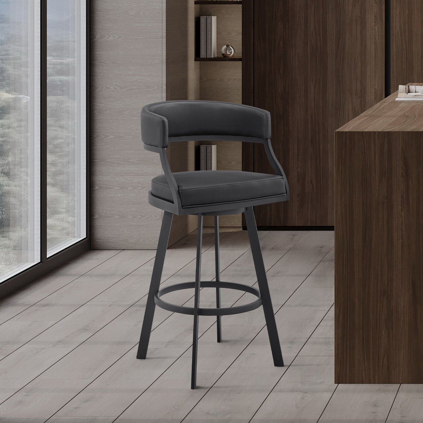 Dione Counter and Bar Height Swivel Barstool with Faux Leather and Metal Base