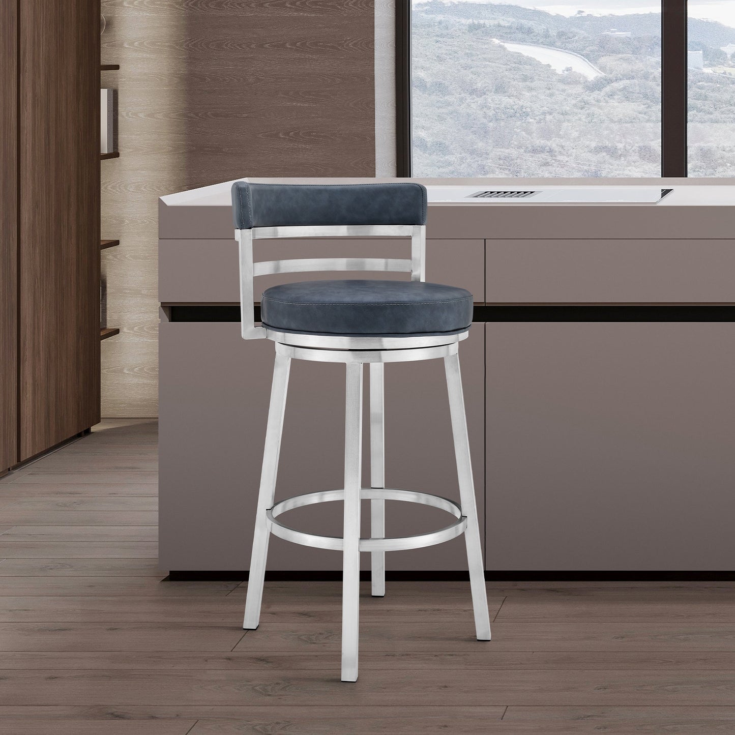 Titana Swivel Faux Leather and Brushed Stainless Steel Bar Stool