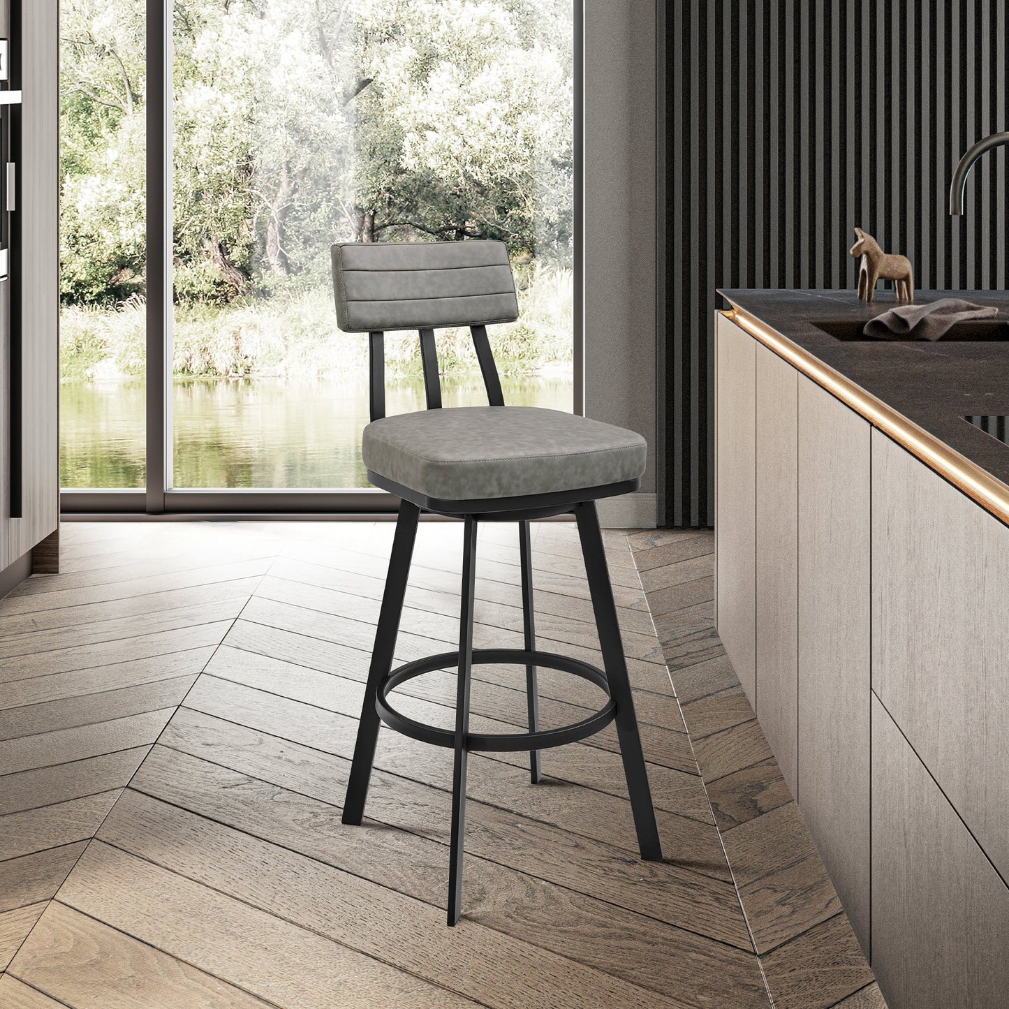 Jinab Swivel Bar and Counter Stool in Metal and Faux Leather