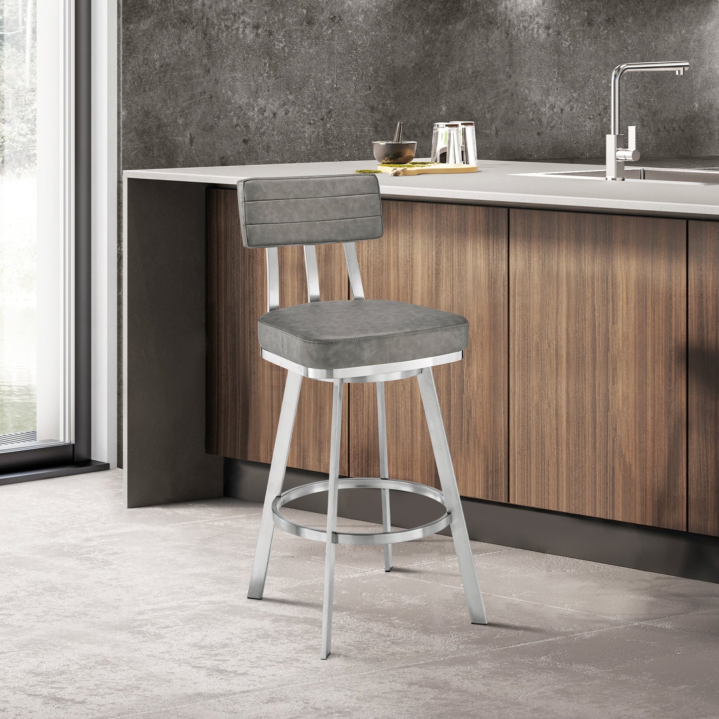 Jinab Swivel Bar and Counter Stool in Metal and Faux Leather