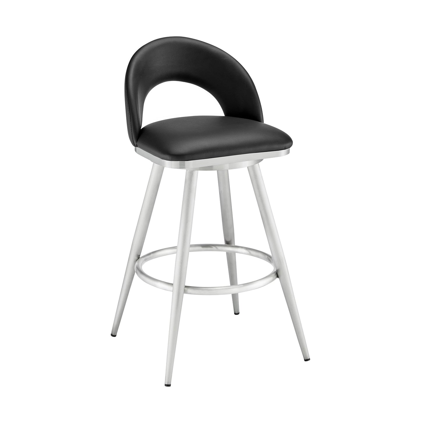 Lottech Swivel Counter and Bar Stool in Brushed Stainless Steel and Black or Faux Leather