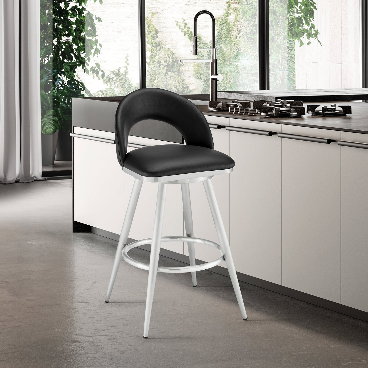 Lottech Swivel Counter and Bar Stool in Brushed Stainless Steel and Black or Faux Leather