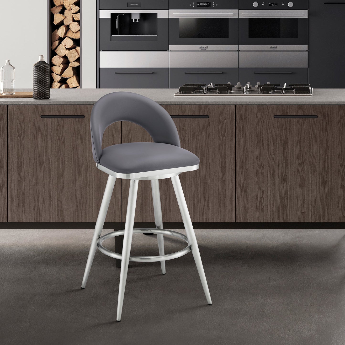 Lottech Swivel Counter and Bar Stool in Brushed Stainless Steel and Black or Faux Leather