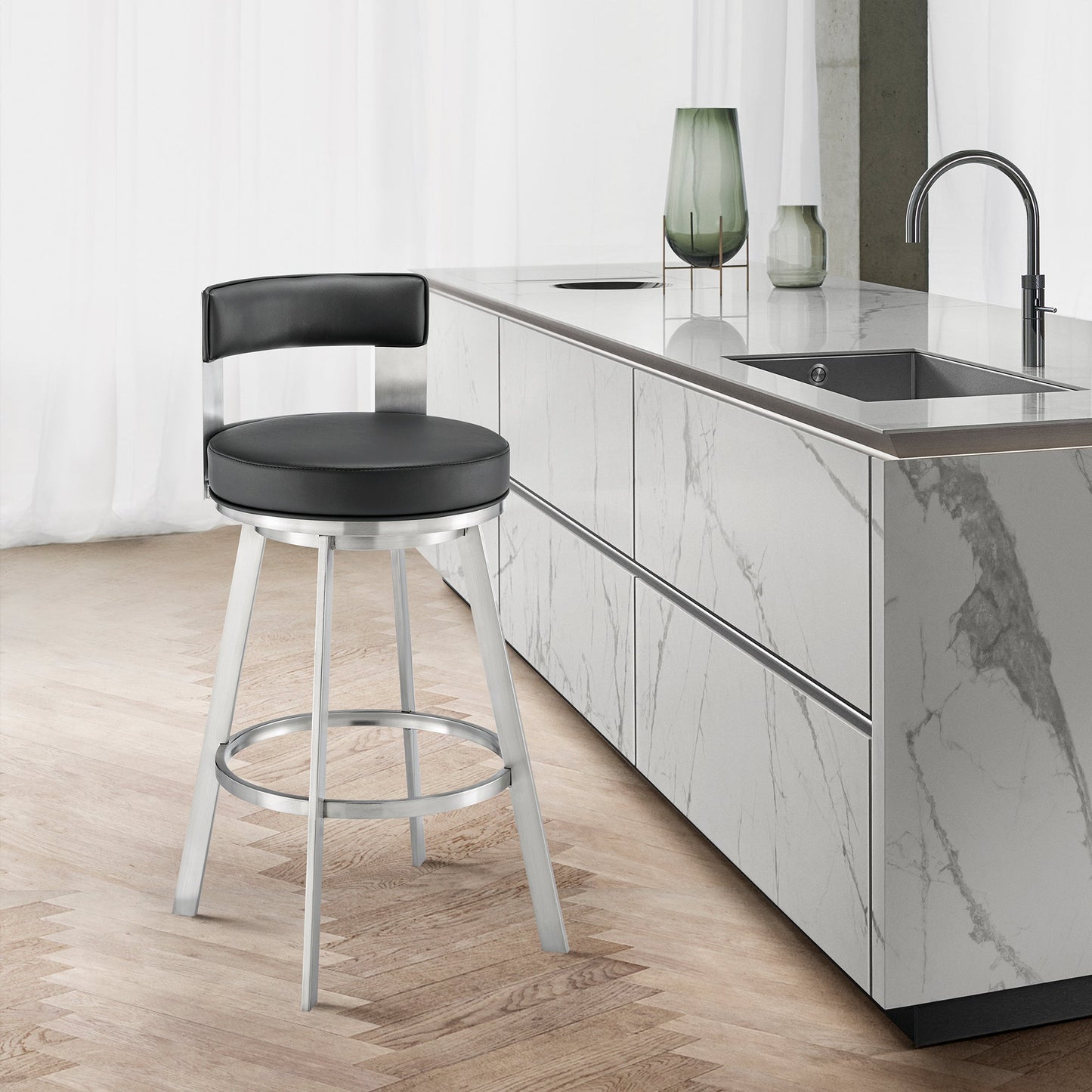 Lynof Swivel Bar and Counter Stool in Various Metal and Faux Leather Options