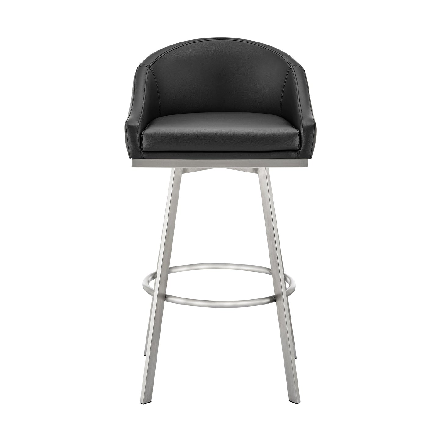 Noran Swivel Stool in Brushed Stainless Steel and Black Metal with Faux Leather