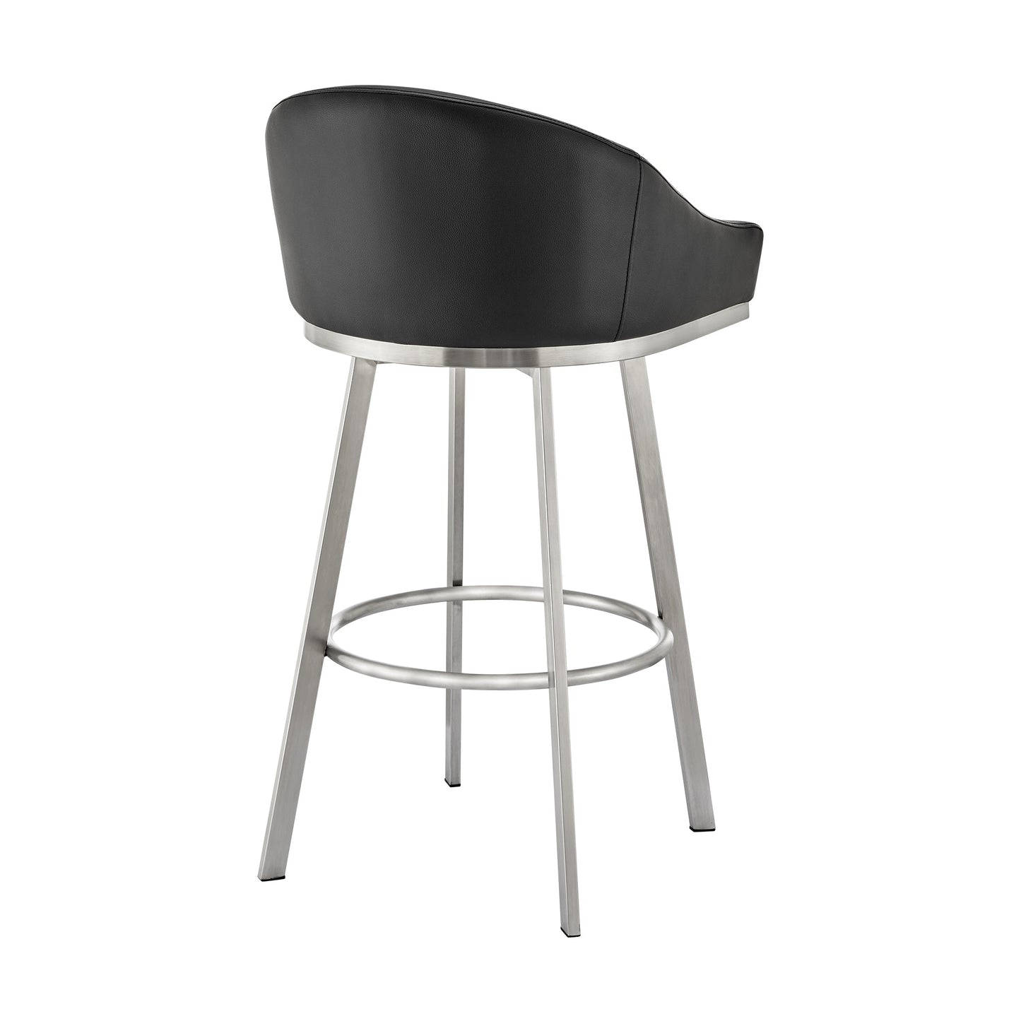 Noran Swivel Stool in Brushed Stainless Steel and Black Metal with Faux Leather