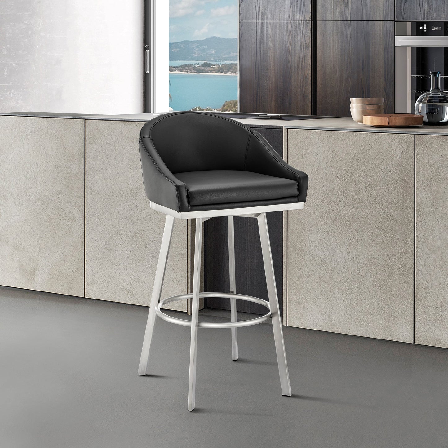 Noran Swivel Stool in Brushed Stainless Steel and Black Metal with Faux Leather