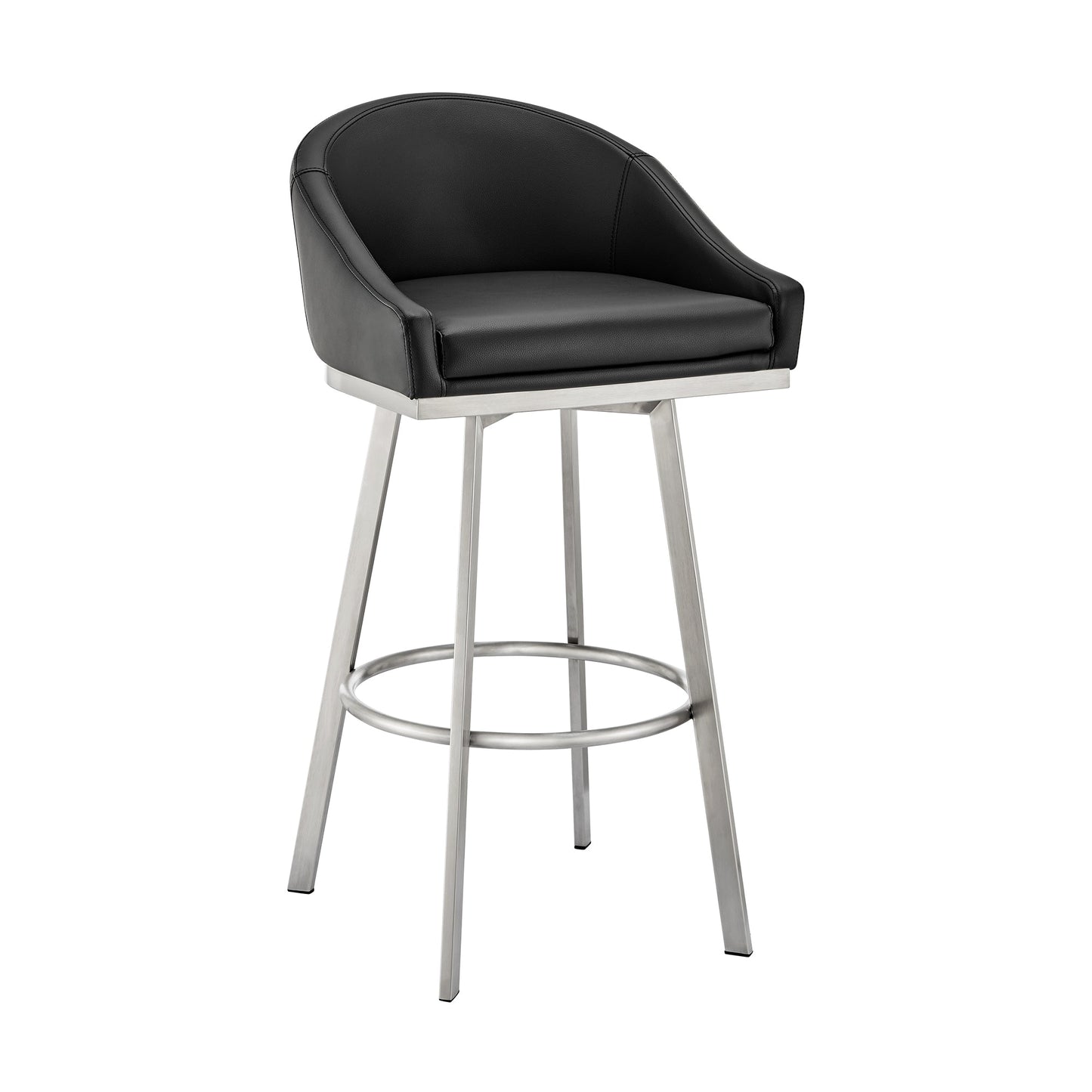 Noran Swivel Stool in Brushed Stainless Steel and Black Metal with Faux Leather