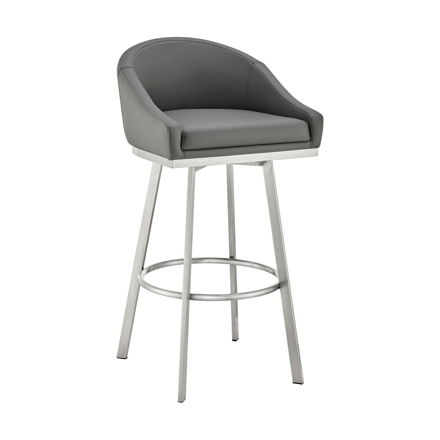 Noran Swivel Stool in Brushed Stainless Steel and Black Metal with Faux Leather