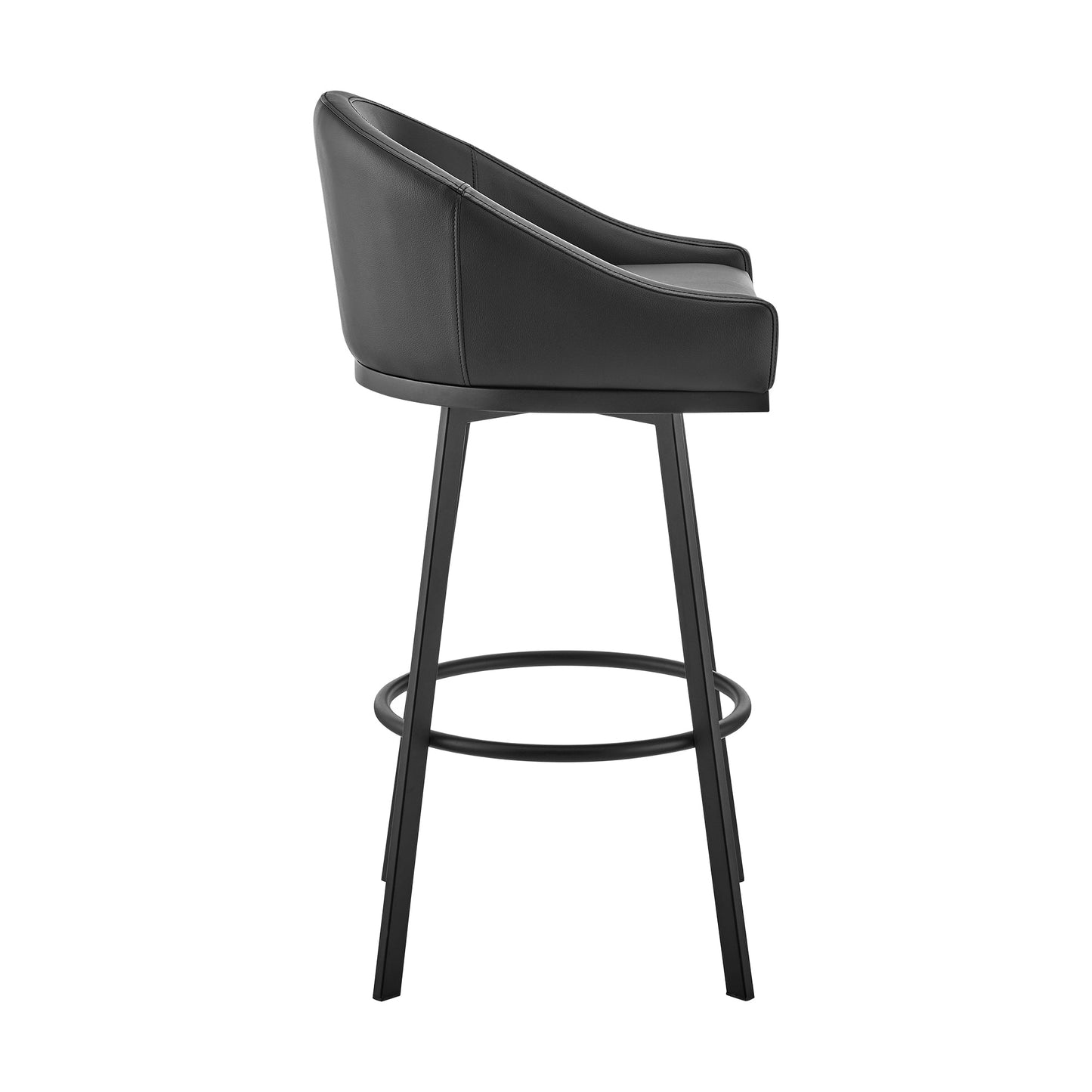 Noran Swivel Stool in Brushed Stainless Steel and Black Metal with Faux Leather