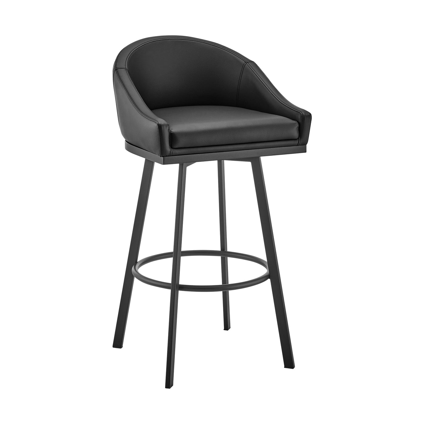 Noran Swivel Stool in Brushed Stainless Steel and Black Metal with Faux Leather