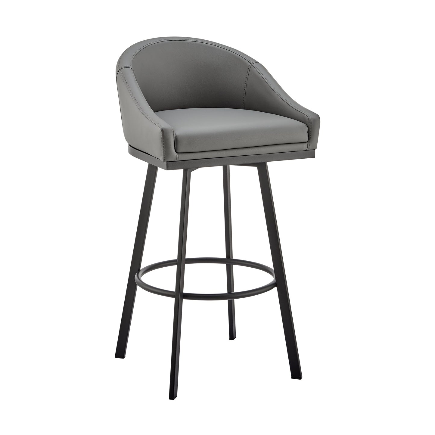 Noran Swivel Stool in Brushed Stainless Steel and Black Metal with Faux Leather