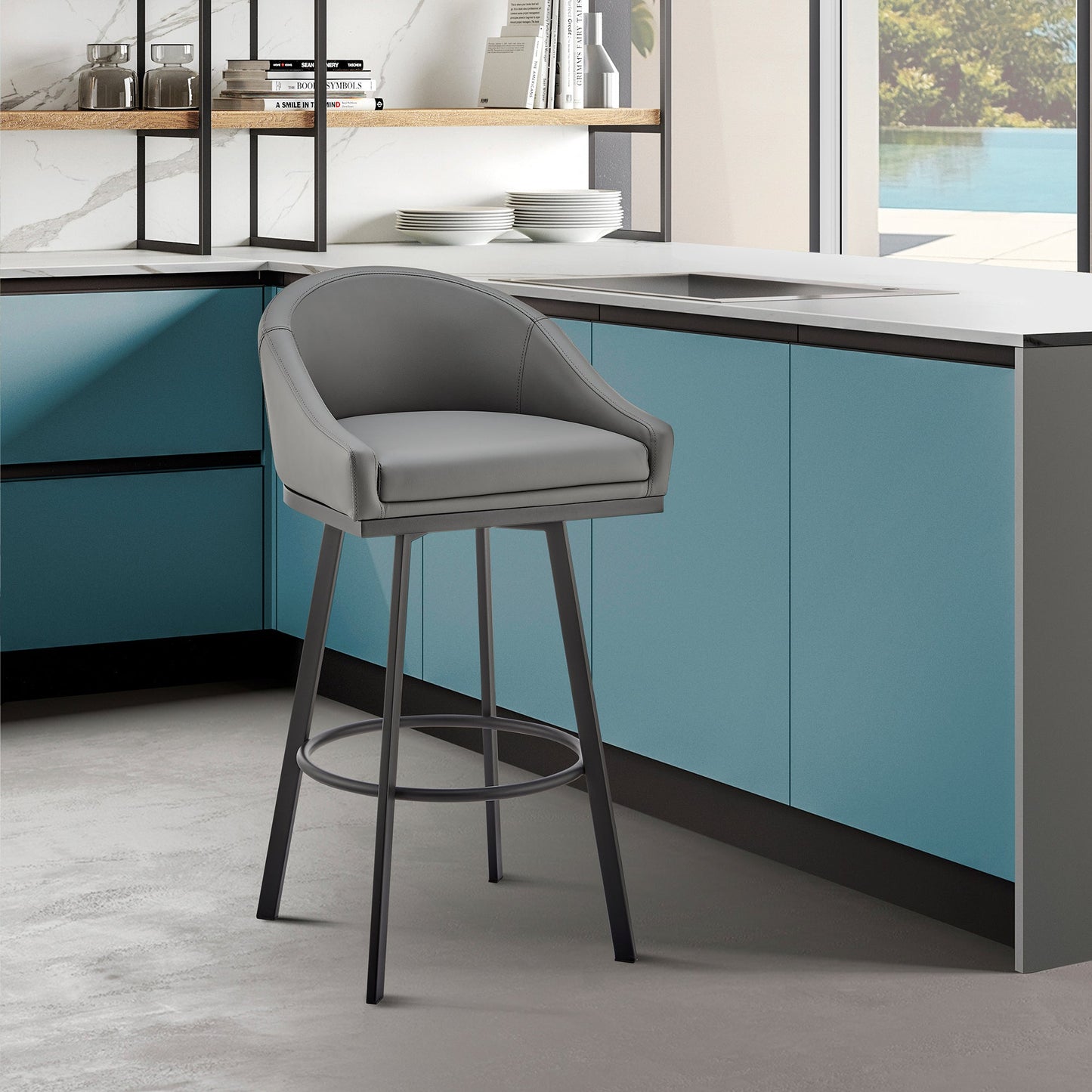 Noran Swivel Stool in Brushed Stainless Steel and Black Metal with Faux Leather