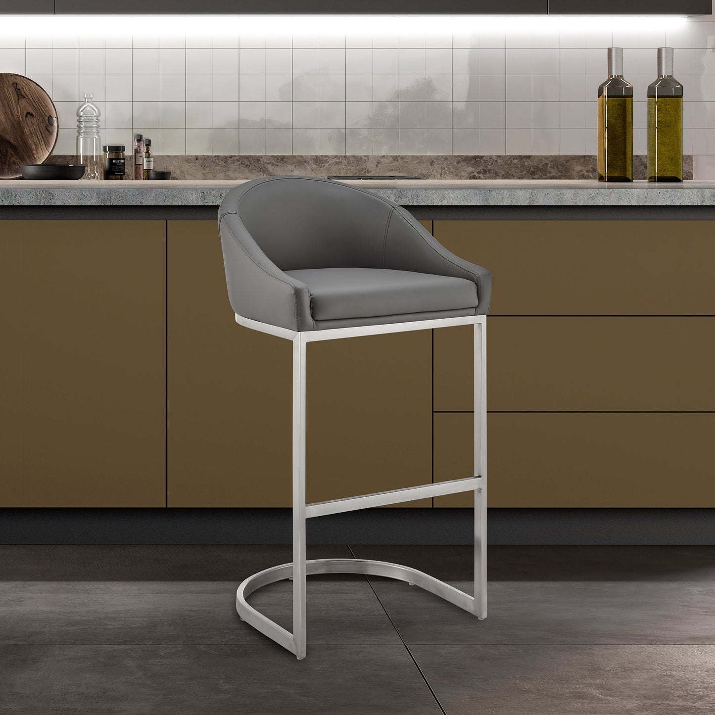 Atherik Bar and Counter Stool in Metal and Stainless Steel with Faux Leather
