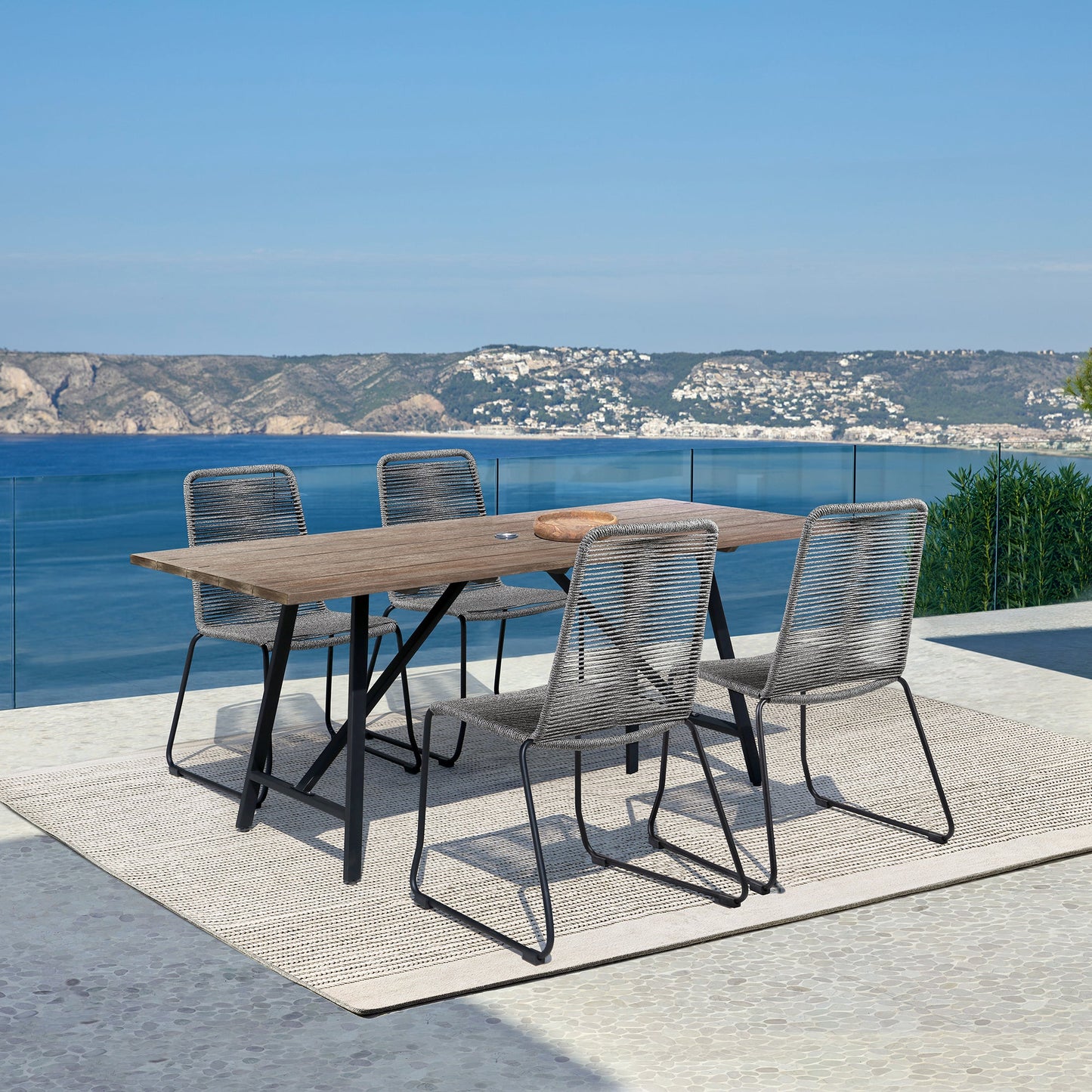 Koala and Shasta 5 Piece Outdoor Patio Dining Set in Light Eucalyptus Wood and Gray Rope
