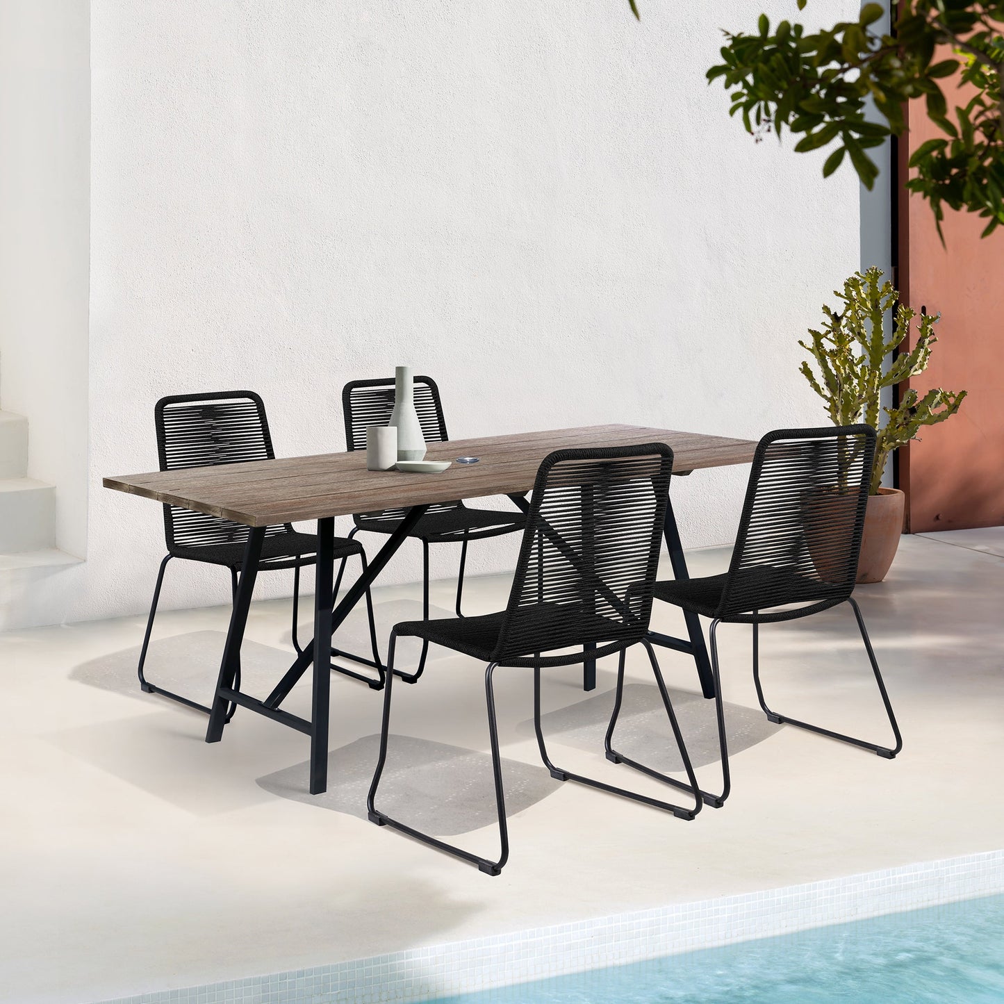 Koala and Shasta 5 Piece Outdoor Patio Dining Set in Light Eucalyptus Wood and Black Rope