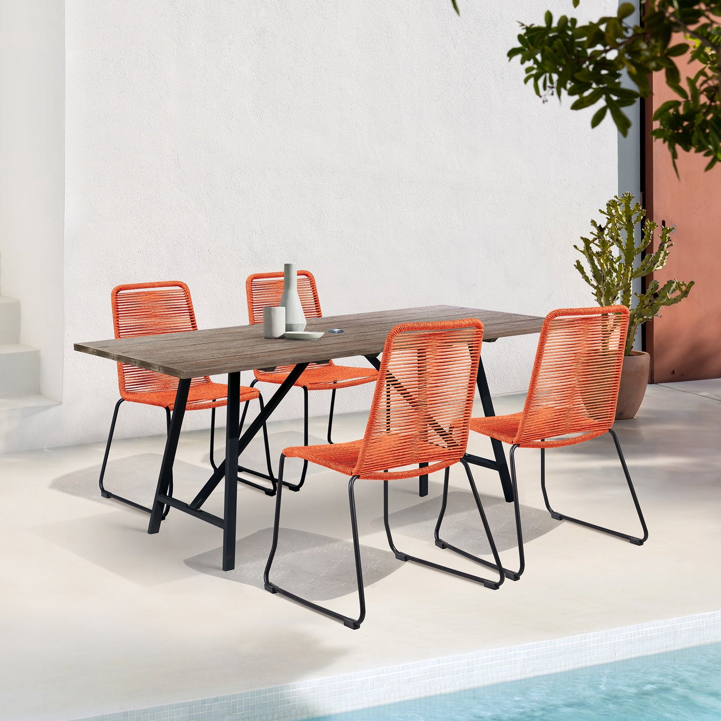 Koala and Shasta 5 Piece Outdoor Patio Dining Set in Light Eucalyptus Wood and Tangerine Rope