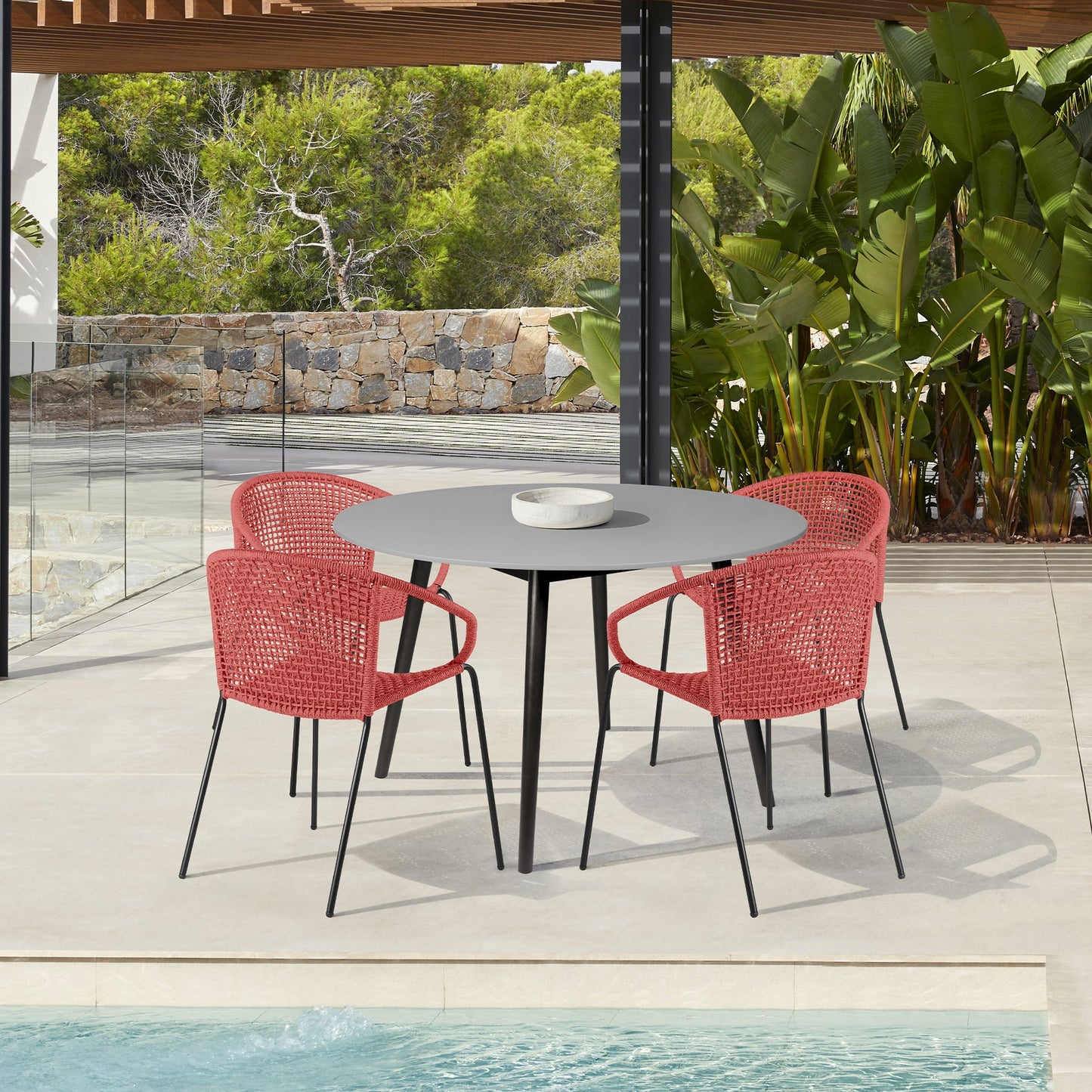 Sydney and Snack 5 Piece Outdoor Patio Dining Set in Brick Red Rope with Black Eucalyptus Wood