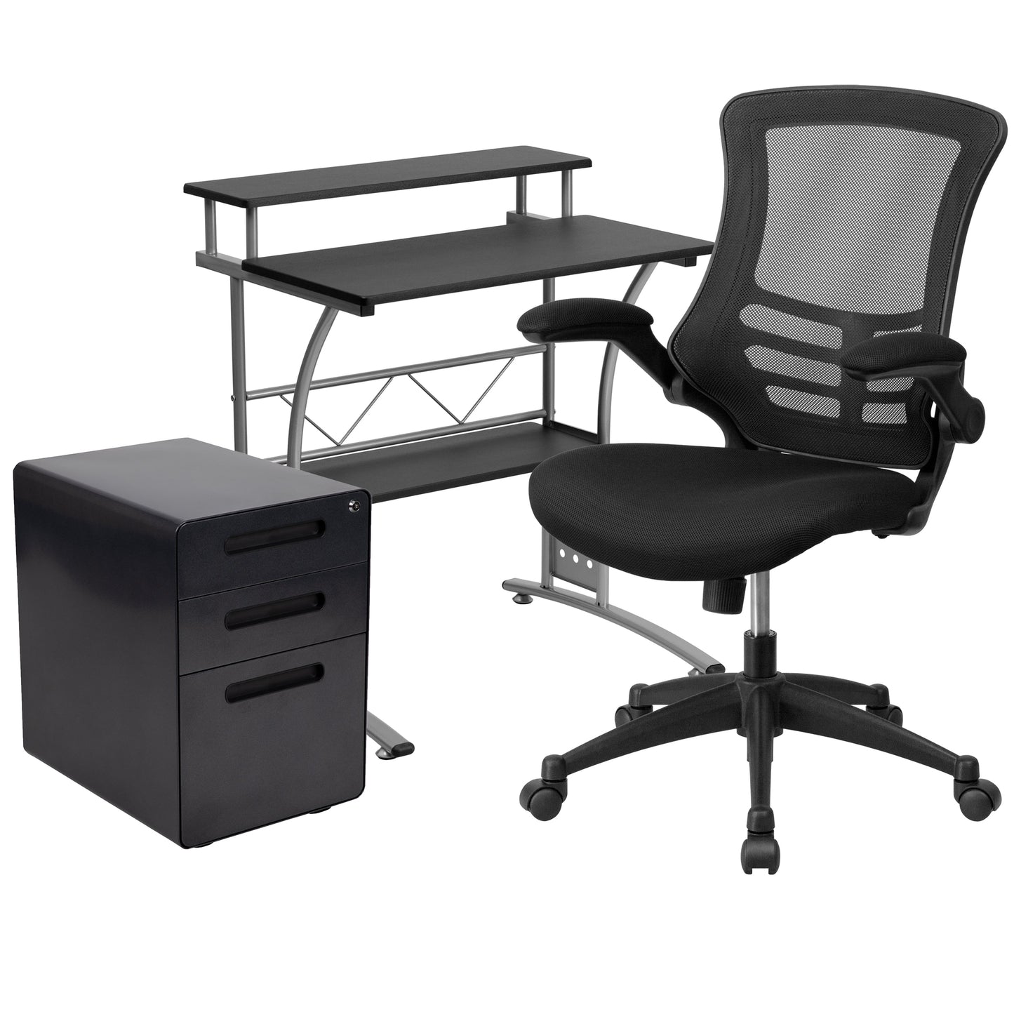 Black Desk, Chair, Cabinet Set BLN-CLIFAPPX5-BK-GG