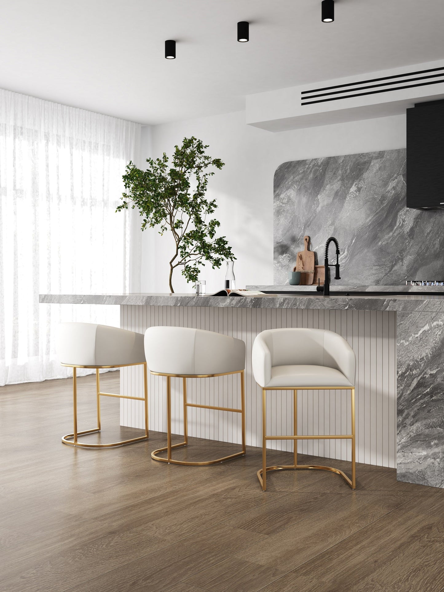 Manhattan Comfort Louvre Mid-Century Modern Leatherette and Stainless Steel Barstools